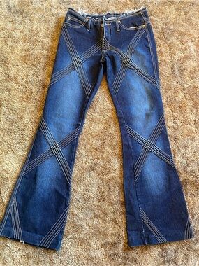 Y2K R4R Women’s Dark Blue Flare Jeans with Cross-Stitch Diamond Detail
